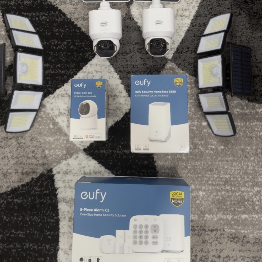 Eufy E42 and E30, 5-Piece Alarm system, S380 Homebase, and 2 Floodlights package